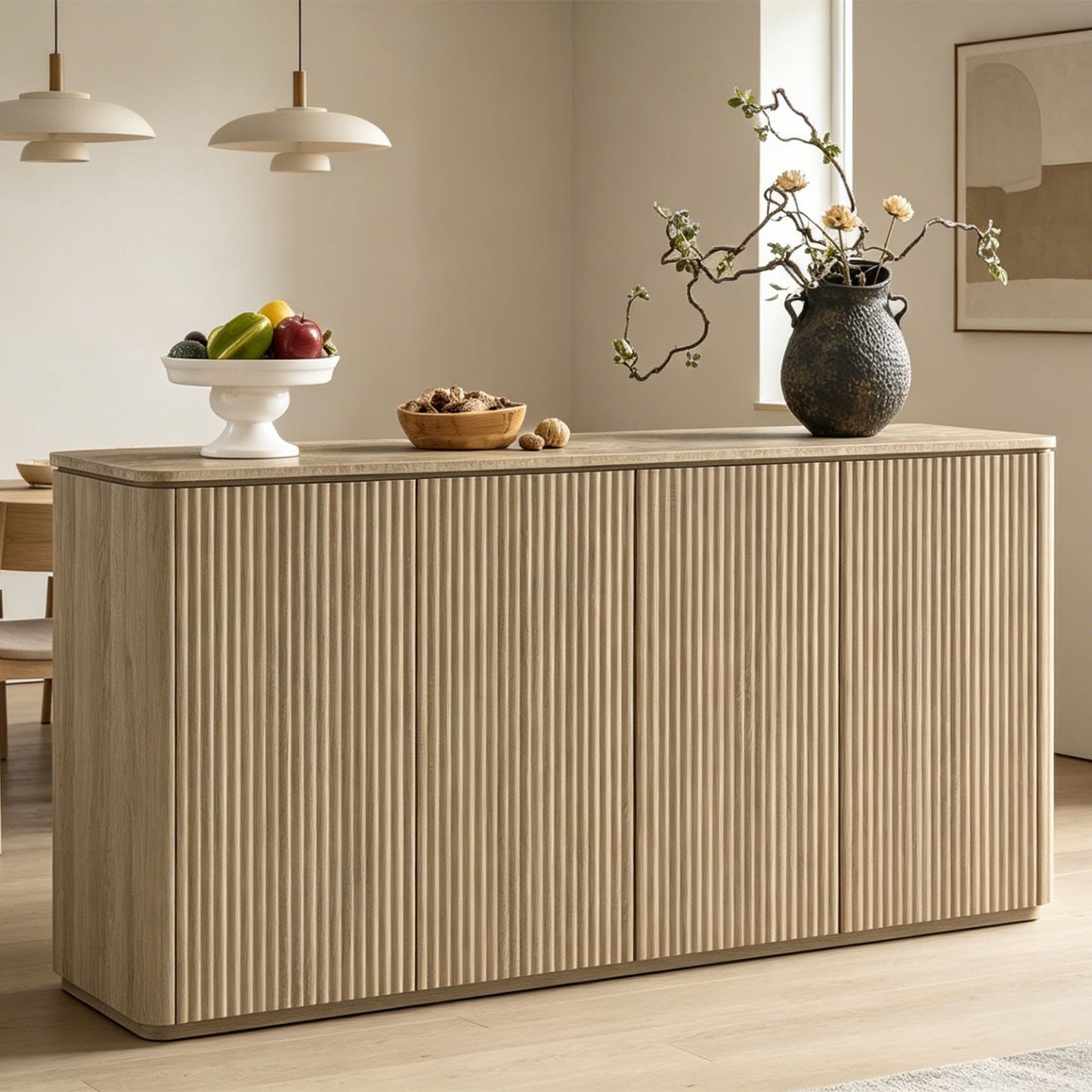 65.5"W Fluted Sideboard Buffet Cabinet with Storage, 4 Push-to-Open Doors,Natural Oak