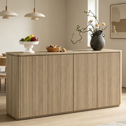 65.5"W Fluted Sideboard Buffet Cabinet with Storage, 4 Push-to-Open Doors,Natural Oak