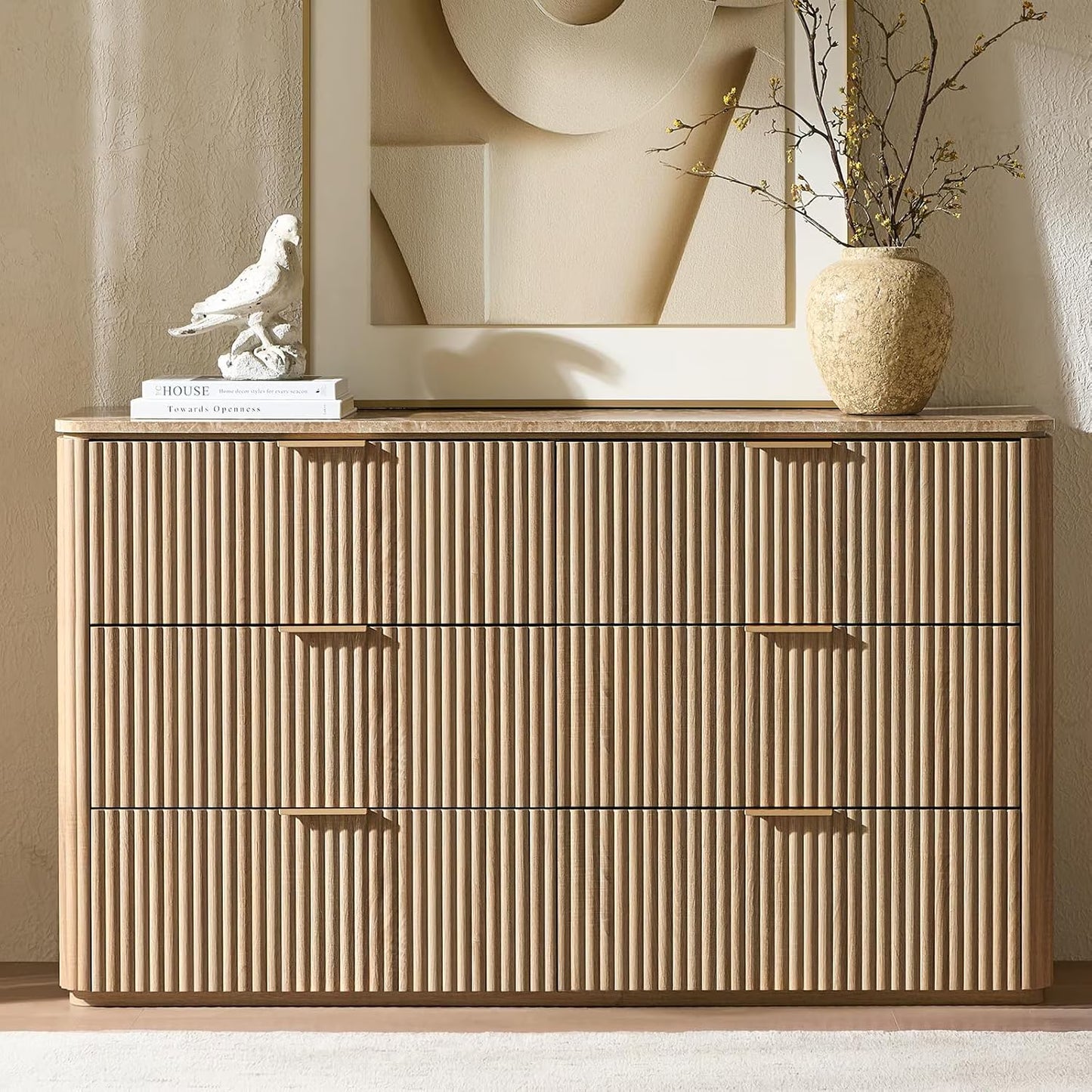 Hvoonc 54.5" Wide 6 Drawer Dresser for Bedroom with Faux Marble Top, Modern Curved-Corner Fluted Oak Storage Cabinet. Natural Oak