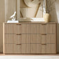 Hvoonc 54.5" Wide 6 Drawer Dresser for Bedroom with Faux Marble Top, Modern Curved-Corner Fluted Oak Storage Cabinet. Natural Oak