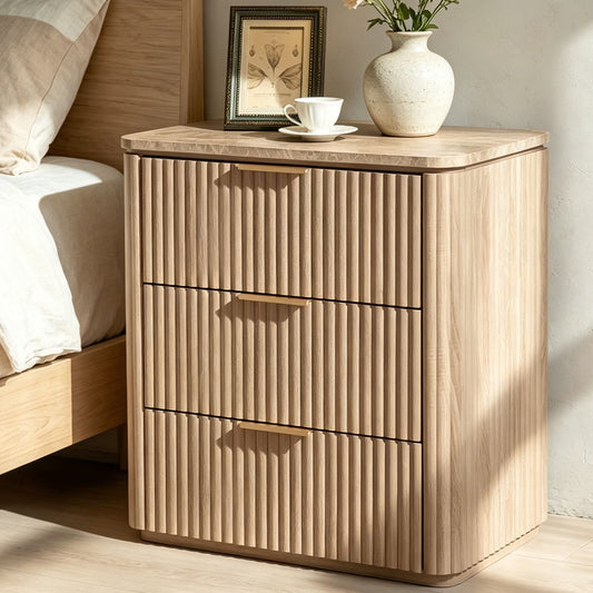 Hvoonc 3 Drawer Nightstands Set of 2, Fluted Bedside Tables with Faux Marble Top, Large Capacity Storage, Natural Oak