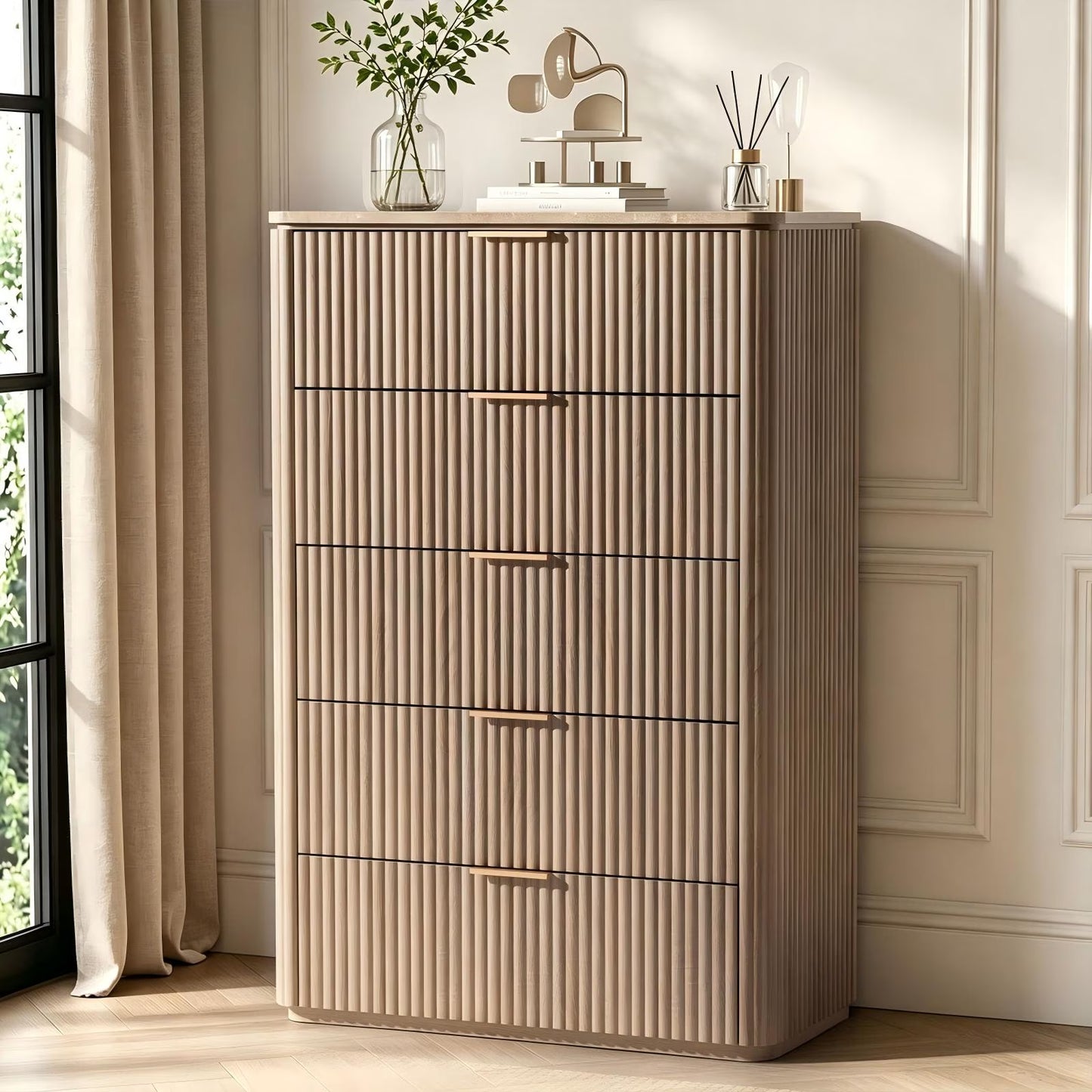 Hvoonc 5 Drawer Tall Dresser with Faux Marble Top, Fluted Wooden Chest of Drawers for Bedroom Small Spaces, Natural Oak