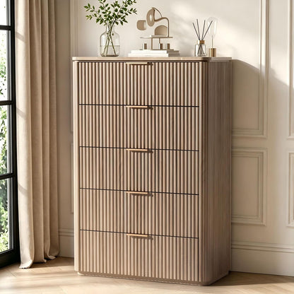 Hvoonc 5 Drawer Tall Dresser with Faux Marble Top, Fluted Wooden Chest of Drawers for Bedroom Small Spaces, Natural Oak