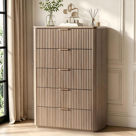Hvoonc 5 Drawer Tall Dresser with Faux Marble Top, Fluted Wooden Chest of Drawers for Bedroom Small Spaces, Natural Oak