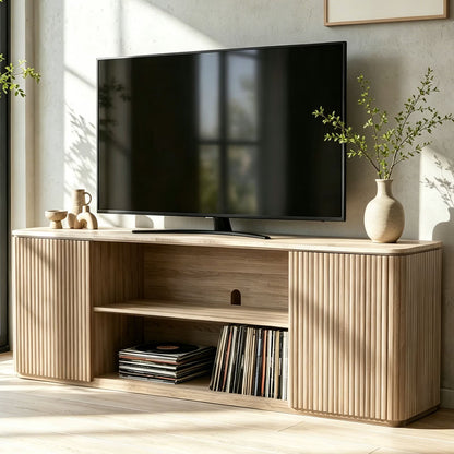 Hvoonc 70" Fluted Wood TV Stands with Storage, Faux Marble Top, Modern Oak Television Console for 65-80" TVs, Large Entertainment Center Living Room