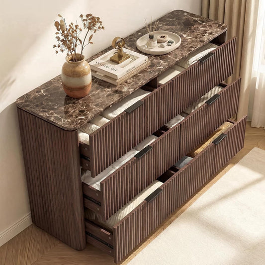 Hvoonc 54.5" Wide 6 Drawer Bedroom Dresser with Faux Marble Top, Modern Walnut Fluted Chest of Drawers for Storagewers for Storage