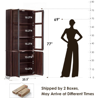 Hvoonc 77" Tall Fluted Accent Storage Cabinet with Glass Doors and Shelves, Kitchen Pantry Cabinet Organizer, Natural Oak