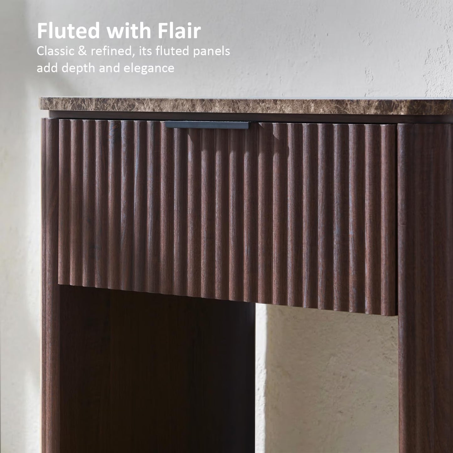 Hvoonc Fluted Nightstand with Drawer, Faux Marble Top, 24" Tall Modern End Table for Living Room, Rounded Corner Design, Walnut Brown