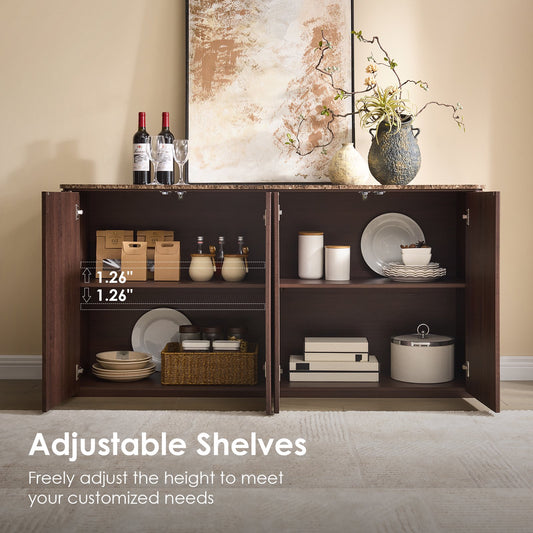 65.5"W Fluted Sideboard Buffet Cabinet with Storage, 4 Push-to-Open Doors, Walnut Brown