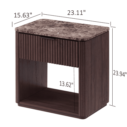Hvoonc Fluted Wood Nightstands Set of 2, Faux Marble Top Bedside Tables with Drawer Storage for Bedroom, Walnut Brown