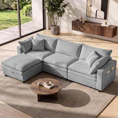 Hvoonc 115" Down-Filled Modular Sofa for Living Room, 3 Seater Couch with Storage Ottoman, Washable Covers, Tool-Free Assembly, Light Gray
