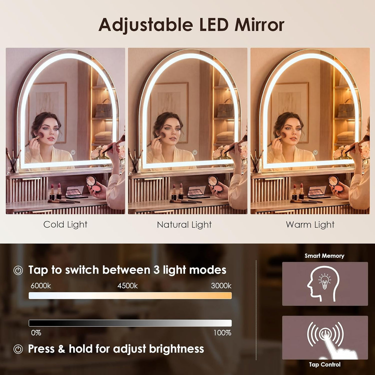 Hvoonc Vanity Desk with Mirror and Lights, Fluted Makeup Vanity Table with 7 Drawers, Large Arched LED Mirror, Dressing Table with Storage for Bedroom, Natural Oak