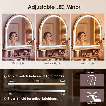 Hvoonc Vanity Desk with Mirror and Lights, Fluted Makeup Vanity Table with 7 Drawers, Large Arched LED Mirror, Dressing Table with Storage for Bedroom, Natural Oak