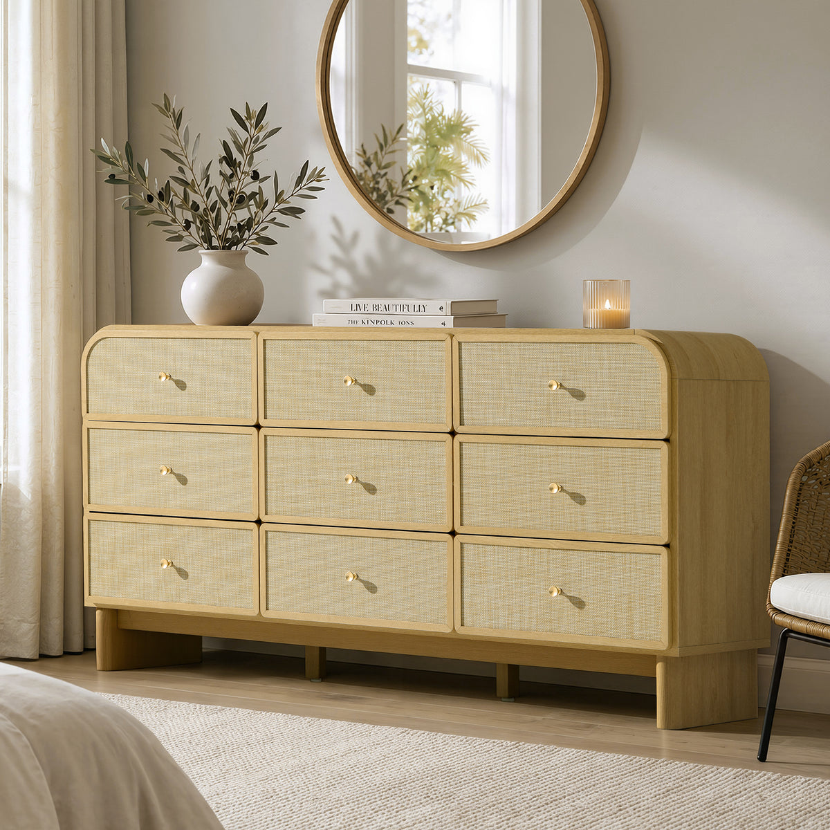 Hvoonc Modern Rattan 9 Drawer Dresser, 63.2" Wide Curved Chest of Drawers for Bedroom with Large Rounded Corners, Natural Oak