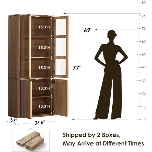Hvoonc 77" Tall Fluted Accent Storage Cabinet with Glass Doors and Shelves, Kitchen Pantry Cabinet Organizer, Natural Oak