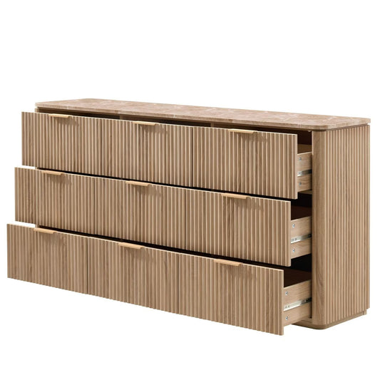 Hvoonc 63" Wide 9 Drawer Dresser with Faux Marble Top and 2" Thick Side Board, Large Oak Storage Cabinet for Bedroom Living Room