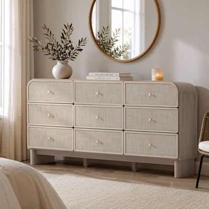 Hvoonc Modern Rattan 9 Drawer Dresser, 63.2" Wide Curved Chest of Drawers for Bedroom with Large Rounded Corners, Gray Oak