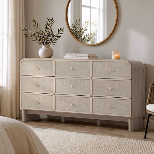 Hvoonc Modern Rattan 9 Drawer Dresser, 63.2" Wide Curved Chest of Drawers for Bedroom with Large Rounded Corners, Gray Oak