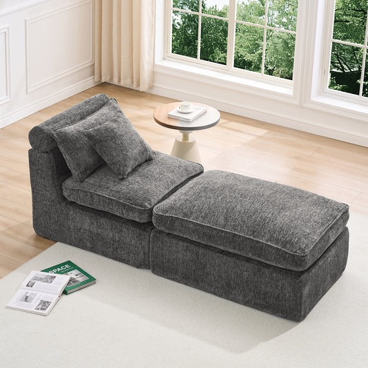 Hvoonc 27.3" Modular Lounge Accent Chair with Ottoman, Boneless Chenille Cloud Chair in a Box with 23.6" Deep Seat, Dark Gray