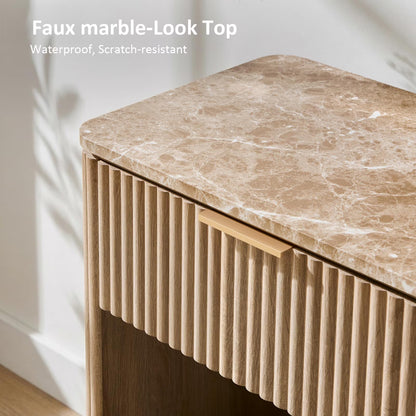 Hvoonc Fluted Nightstand with Drawer, Faux Marble Top, 24" Tall Modern End Table for Living Room, Rounded Corner Design, Natural Oak