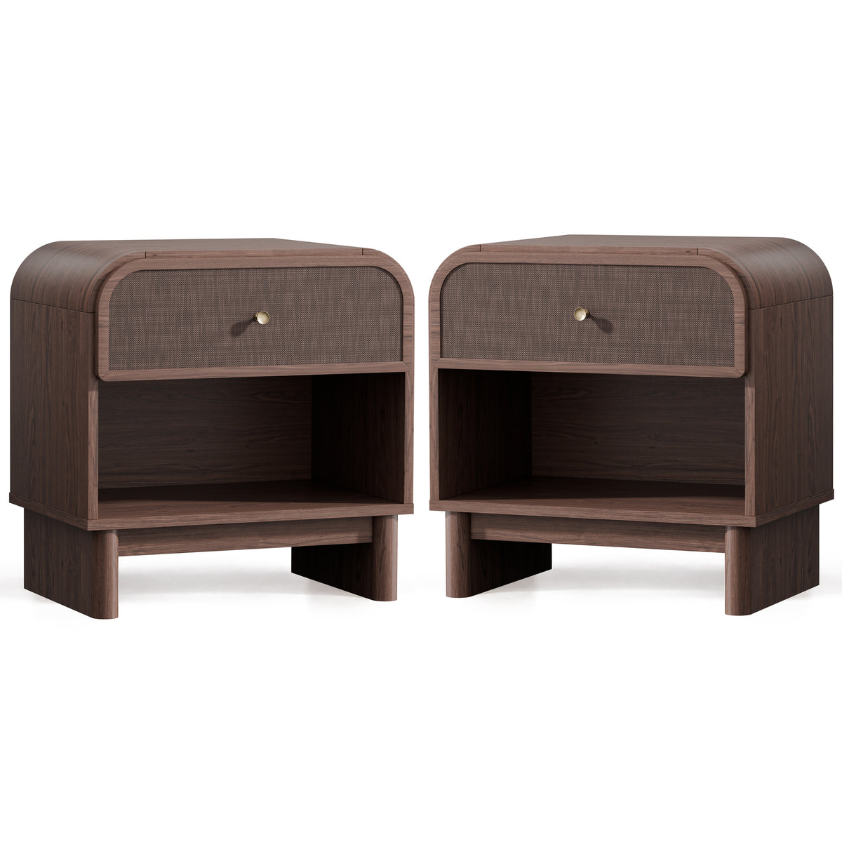 Hvoonc Nightstands Set of 2 with 1 Drawer and Open Shelf, Rounded Corner Rattan Bedside Tables with Storage, Modern End Tables for Bedroom, Dark Oak