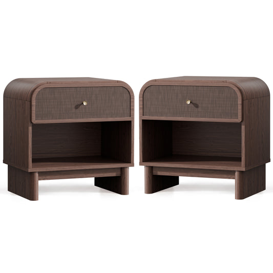 Hvoonc Nightstands Set of 2 with 1 Drawer and Open Shelf, Rounded Corner Rattan Bedside Tables with Storage, Modern End Tables for Bedroom, Dark Oak