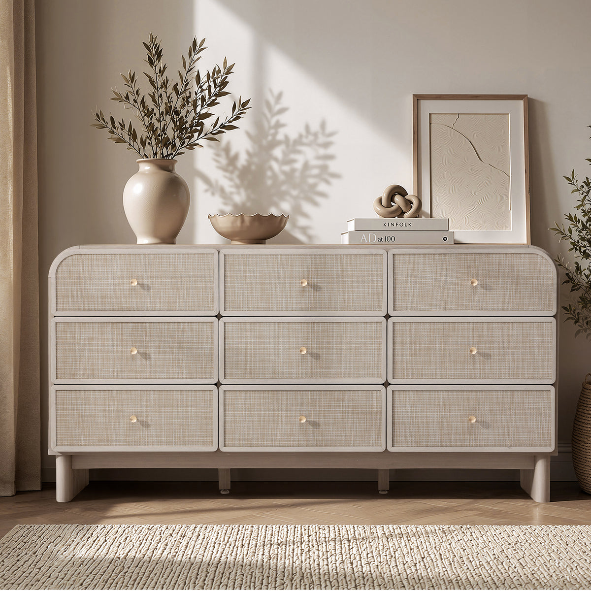 Hvoonc Modern Rattan 9 Drawer Dresser, 63.2" Wide Curved Chest of Drawers for Bedroom with Large Rounded Corners, Gray Oak