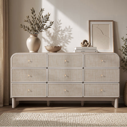 Hvoonc Modern Rattan 9 Drawer Dresser, 63.2" Wide Curved Chest of Drawers for Bedroom with Large Rounded Corners, Gray Oak