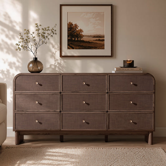 Hvoonc Modern Rattan 9 Drawer Dresser, 63.2" Wide Curved Chest of Drawers for Bedroom with Large Rounded Corners, Dark Oak