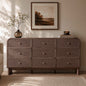 Hvoonc Modern Rattan 9 Drawer Dresser, 63.2" Wide Curved Chest of Drawers for Bedroom with Large Rounded Corners, Dark Oak