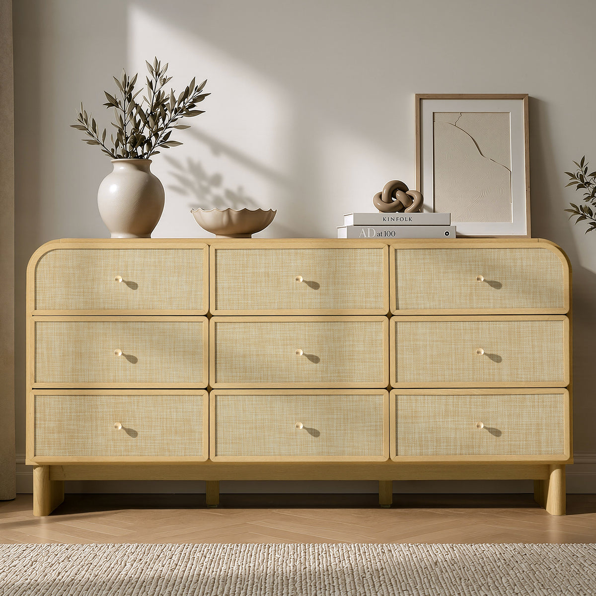 Hvoonc Modern Rattan 9 Drawer Dresser, 63.2" Wide Curved Chest of Drawers for Bedroom with Large Rounded Corners, Natural Oak