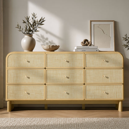 Hvoonc Modern Rattan 9 Drawer Dresser, 63.2" Wide Curved Chest of Drawers for Bedroom with Large Rounded Corners, Natural Oak