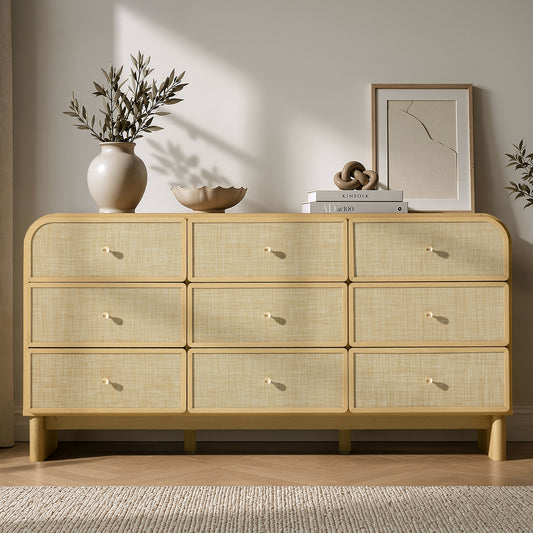 Hvoonc Modern Rattan 9 Drawer Dresser, 63.2" Wide Curved Chest of Drawers for Bedroom with Large Rounded Corners, Natural Oak