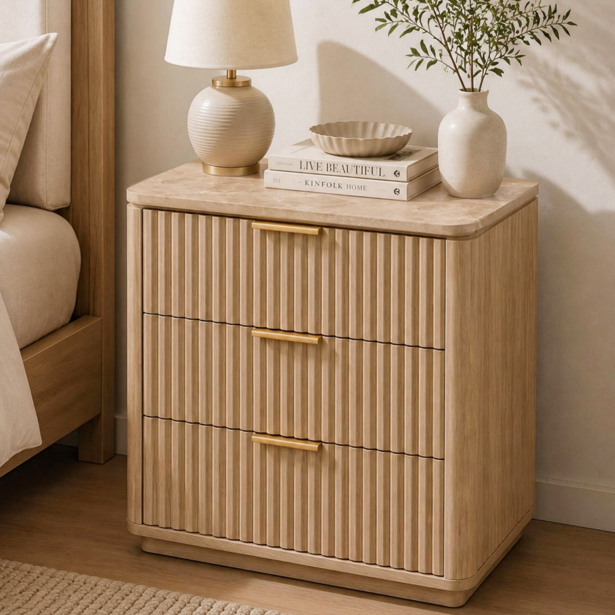 Hvoonc 3 Drawer Nightstand with Faux Marble Top, 25" Tall Fluted Storage Bedside Table, FSC Certified Wood, Natural Oak