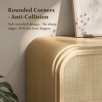 Hvoonc Modern Rattan 9 Drawer Dresser, 63.2" Wide Curved Chest of Drawers for Bedroom with Large Rounded Corners, Natural Oak