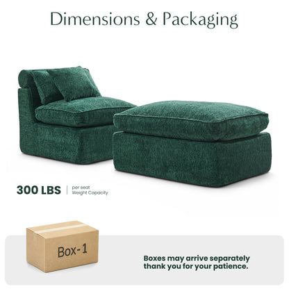 Hvoonc 27.3" Modular Lounge Accent Chair with Ottoman, Boneless Chenille Cloud Chair in a Box with 23.6" Deep Seat, Dark Green
