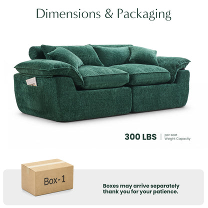 Hvoonc 83" Modular Loveseat Couch for Living Room, Boneless Chenille Cloud Sofa in a Box with 23.6" Deep Seat, Dark Green