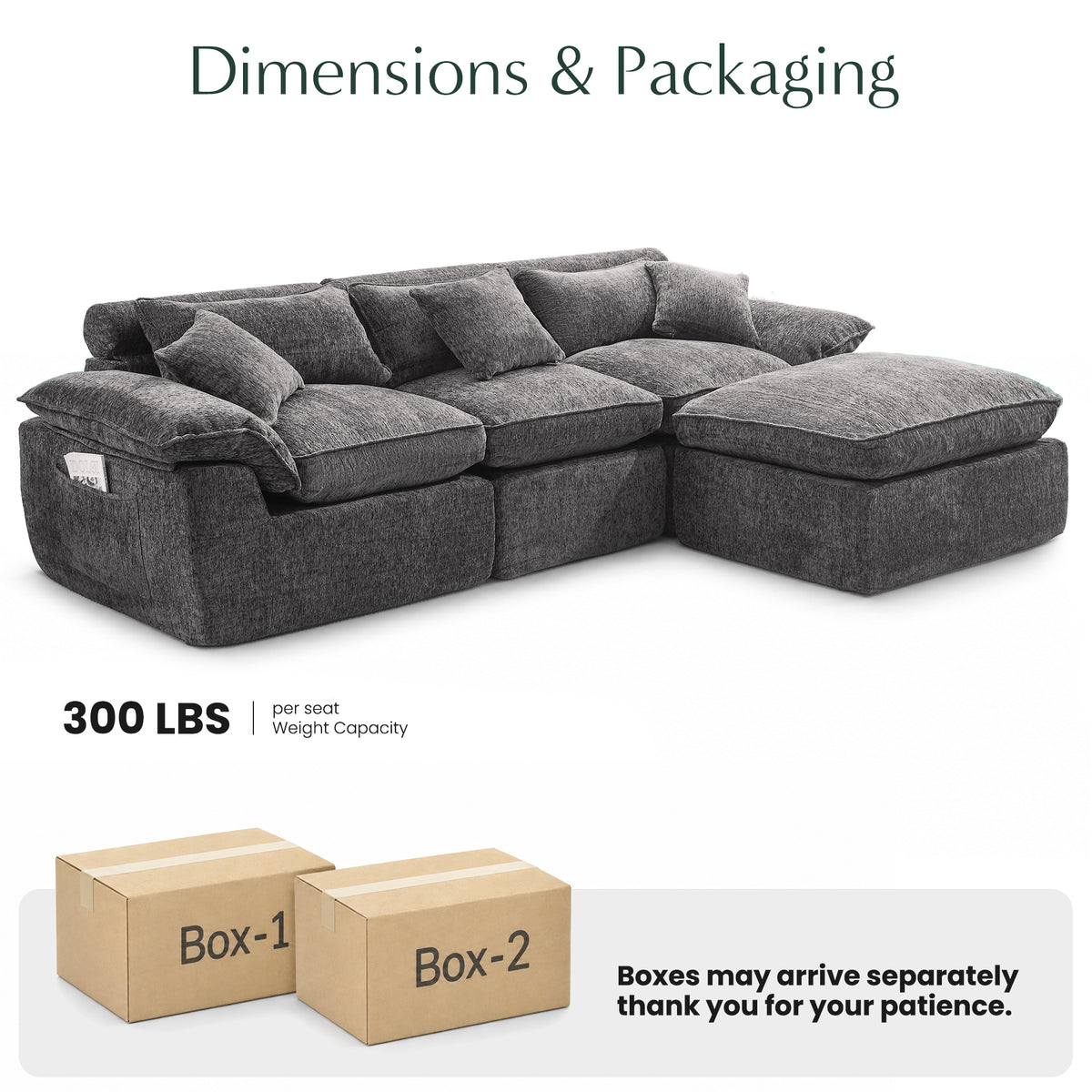 Hvoonc 110" Modular Sectional Sofa with Ottoman for Living Room, Boneless Cloud Chenille Couch in a Box with 23.6" Deep Seat, Dark Gray