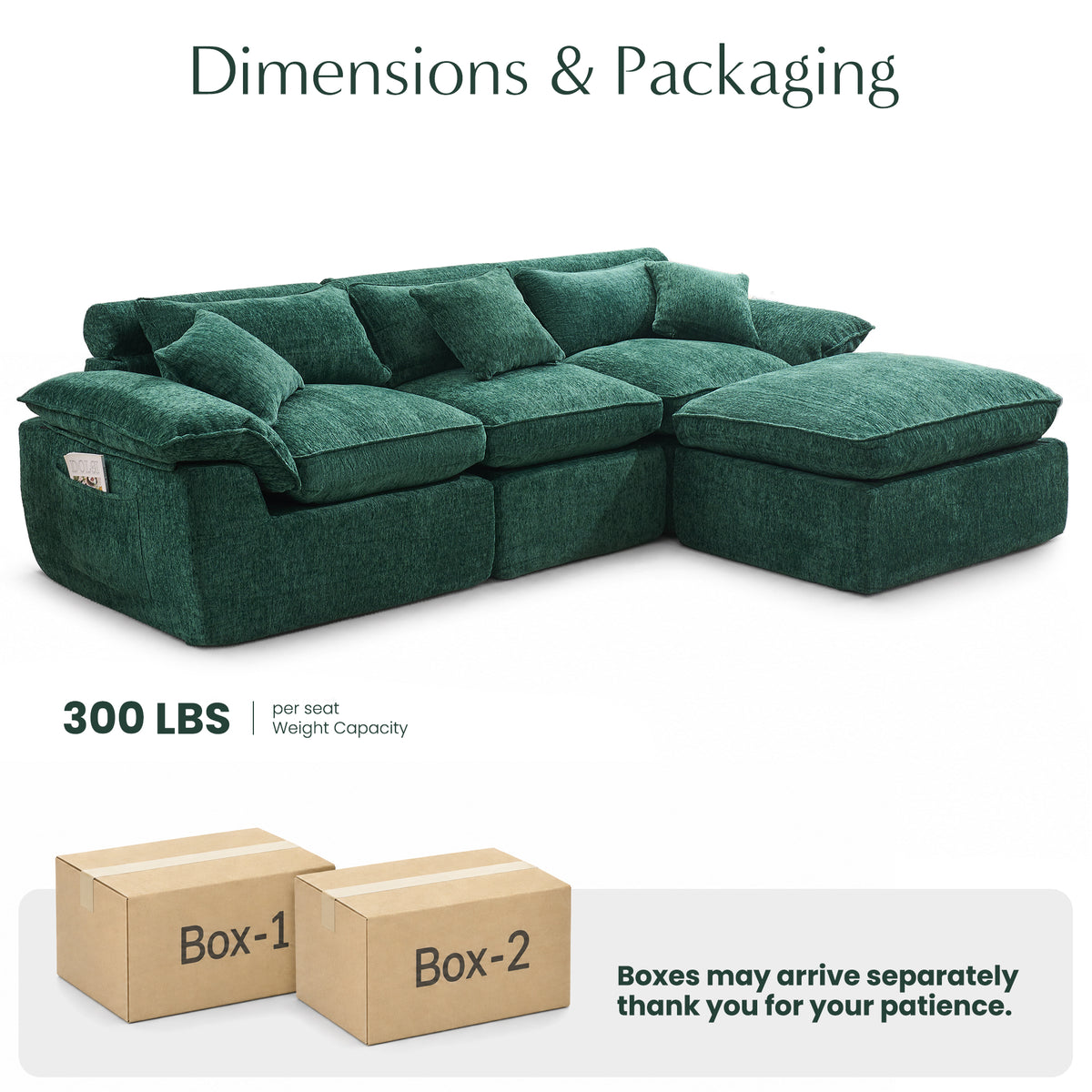 Hvoonc 110" Modular Sectional Sofa with Ottoman for Living Room, Boneless Cloud Chenille Couch in a Box with 23.6" Deep Seat, Dark Green