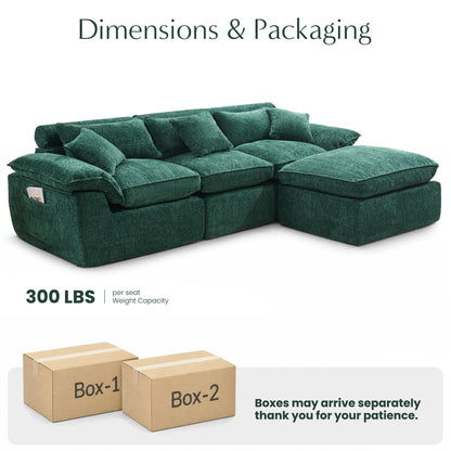 Hvoonc 110" Modular Sectional Sofa with Ottoman for Living Room, Boneless Cloud Chenille Couch in a Box with 23.6" Deep Seat, Dark Green