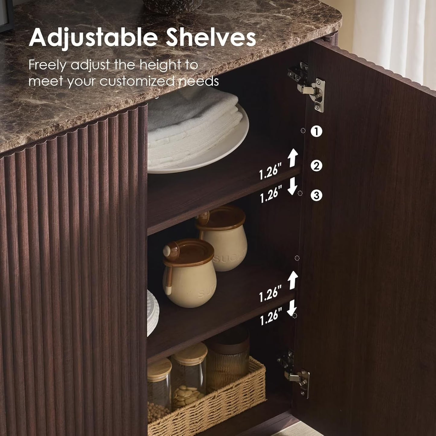34"W Fluted Sideboard Buffet Cabinet, 2 Push-to-Open Doors, Walnut Brown