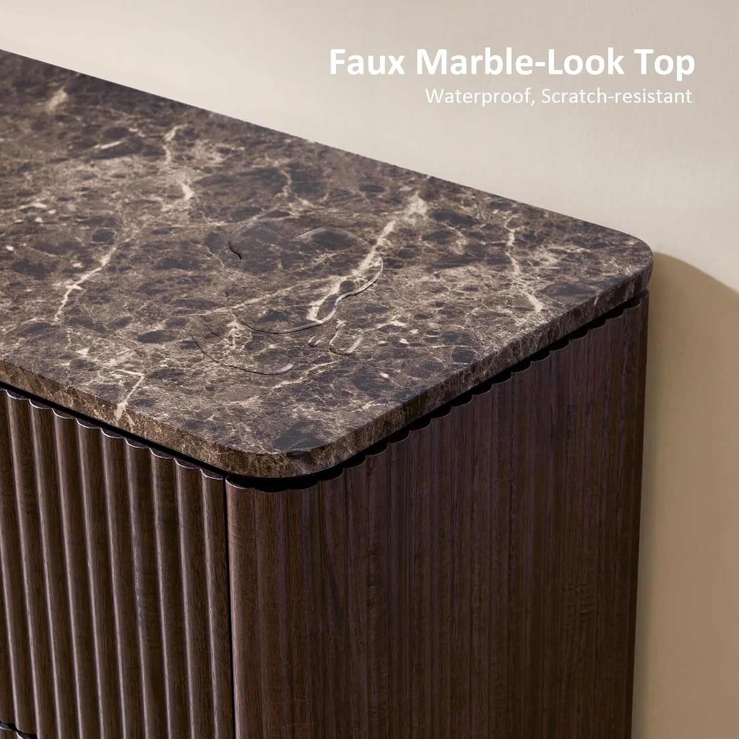 Hvoonc 54.5" Wide 6 Drawer Dresser for Bedroom with Faux Marble Top, Modern Curved-Corner Fluted Oak Storage Cabinet.  Walnut Brown