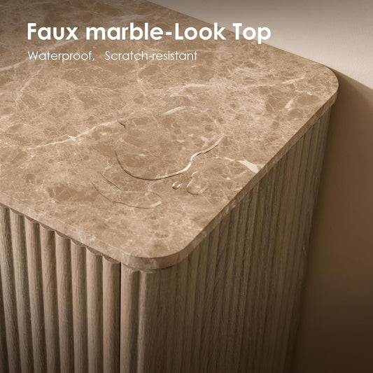 Hvoonc 2 Drawer Nightstand, 24" Tall Fluted Bedroom Bedside Table with Storage, Faux Marble Top, 2" Thick Side Panels, Natural Oak