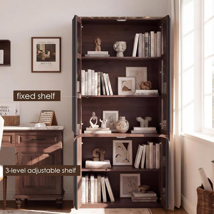 Hvoonc 77" Tall Fluted Accent Storage Cabinet with Glass Doors and Shelves, Kitchen Pantry Cabinet Organizer, Natural Oak