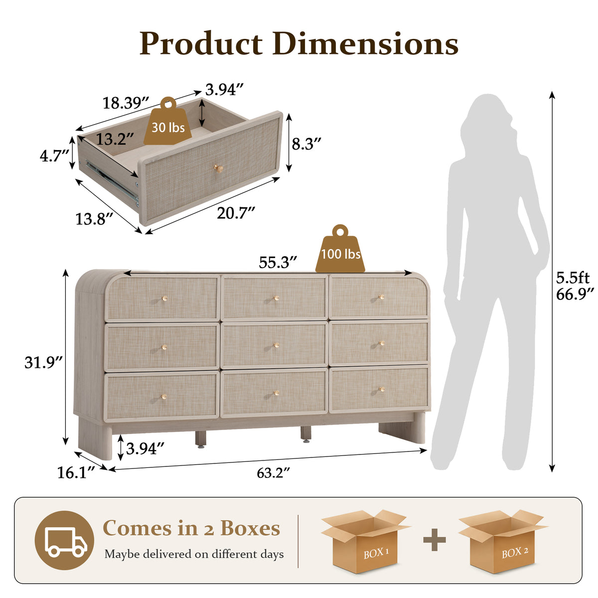 Hvoonc Modern Rattan 9 Drawer Dresser, 63.2" Wide Curved Chest of Drawers for Bedroom with Large Rounded Corners, Gray Oak