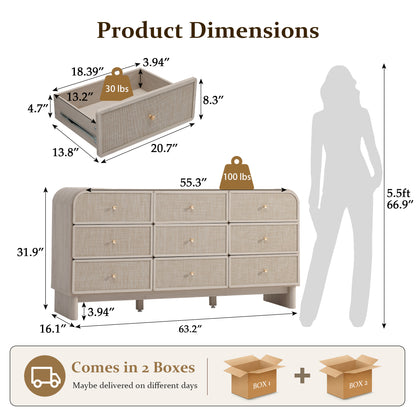 Hvoonc Modern Rattan 9 Drawer Dresser, 63.2" Wide Curved Chest of Drawers for Bedroom with Large Rounded Corners, Gray Oak