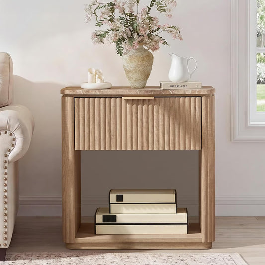 Hvoonc Fluted Nightstands Set of 2, Faux Marble Top, 24" Tall Bedside Tables with Drawer, Rounded Corner Design, Natural Oak