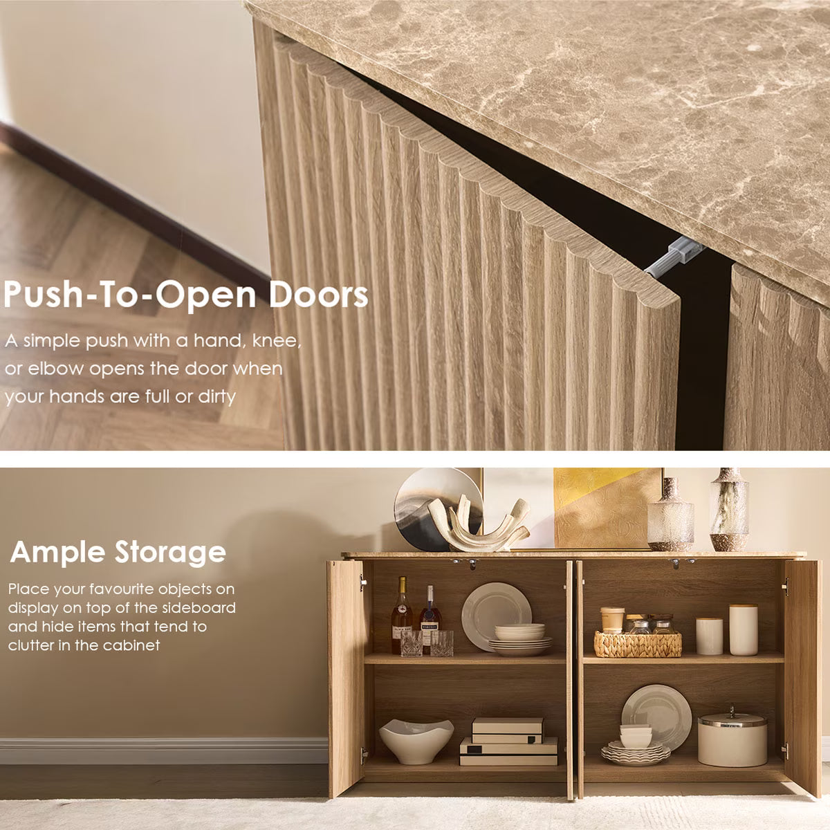 65.5"W Fluted Sideboard Buffet Cabinet with Storage, 4 Push-to-Open Doors,Natural Oak