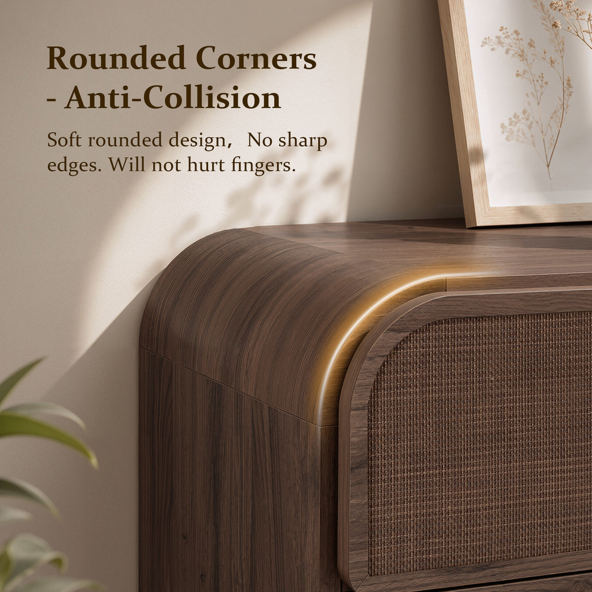 Hvoonc Modern Rattan 9 Drawer Dresser, 63.2" Wide Curved Chest of Drawers for Bedroom with Large Rounded Corners, Dark Oak