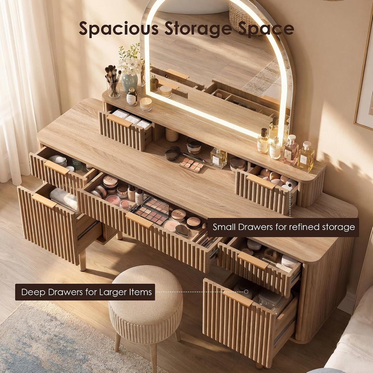Hvoonc Vanity Desk with Mirror and Lights, Fluted Makeup Vanity Table with 7 Drawers, Large Arched LED Mirror, Dressing Table with Storage for Bedroom, Natural Oak